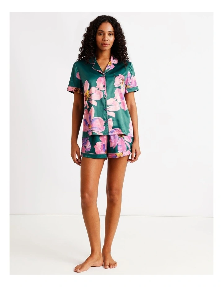 Luxe Satin Short Sleeve Short PJ Set in Teal Floral Print image 2