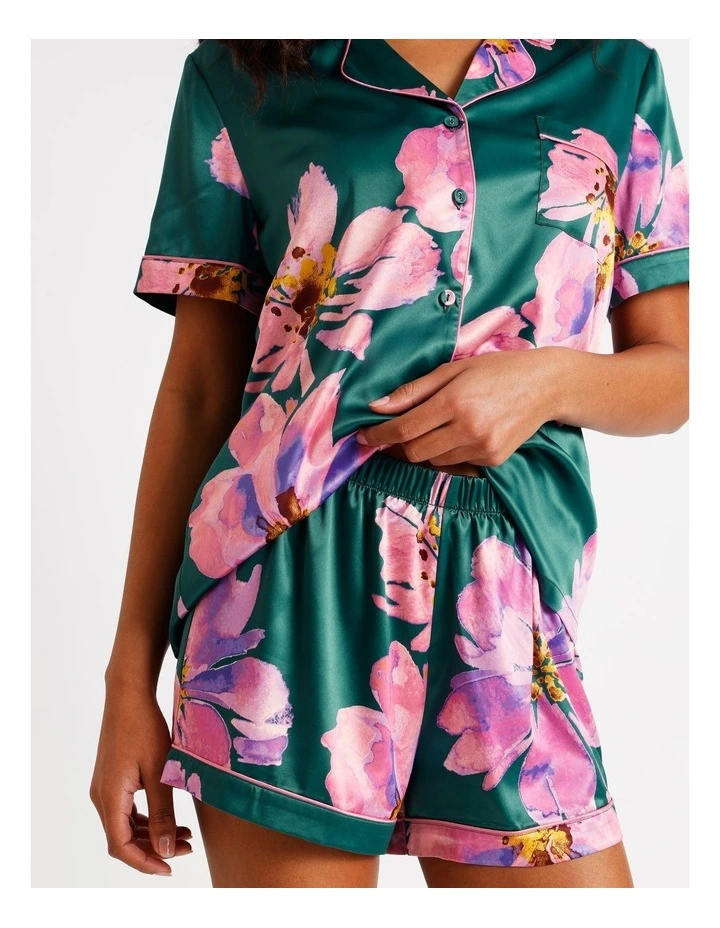 Luxe Satin Short Sleeve Short PJ Set in Teal Floral Print image 4