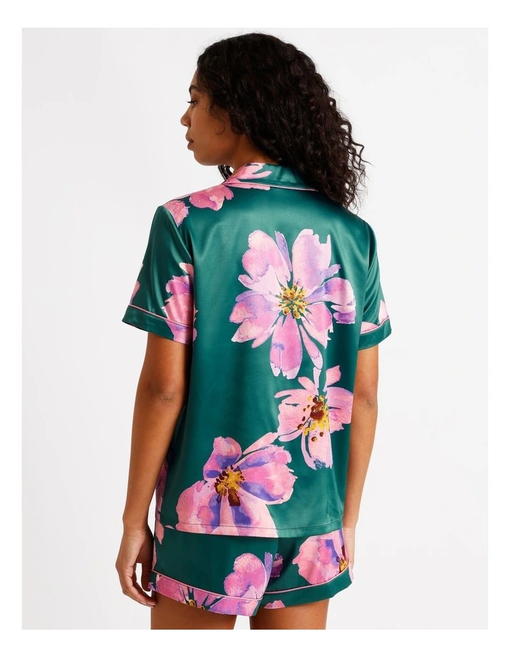 Luxe Satin Short Sleeve Short PJ Set in Teal Floral Print image 5