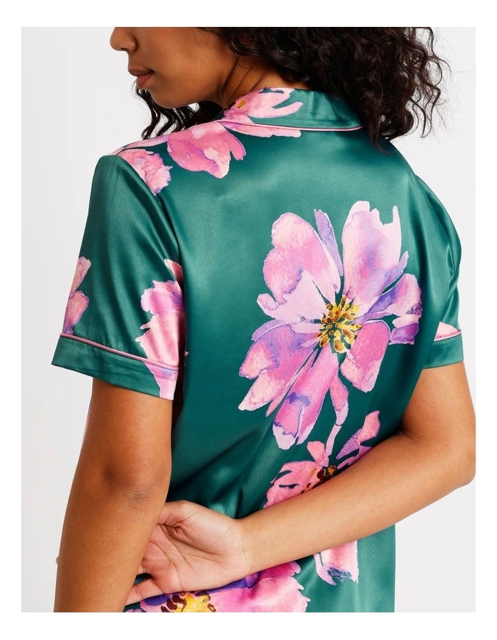 Luxe Satin Short Sleeve Short PJ Set in Teal Floral Print image 6