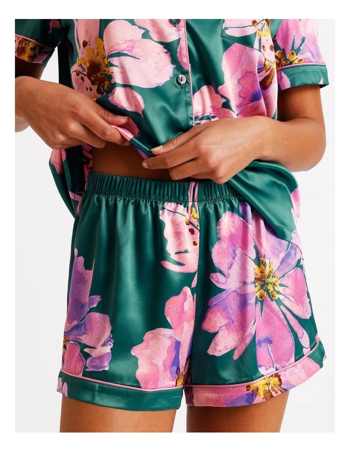 Luxe Satin Short Sleeve Short PJ Set in Teal Floral Print image 7