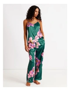 Luxe Satin Cami Pant PJ Set in Teal Floral Print