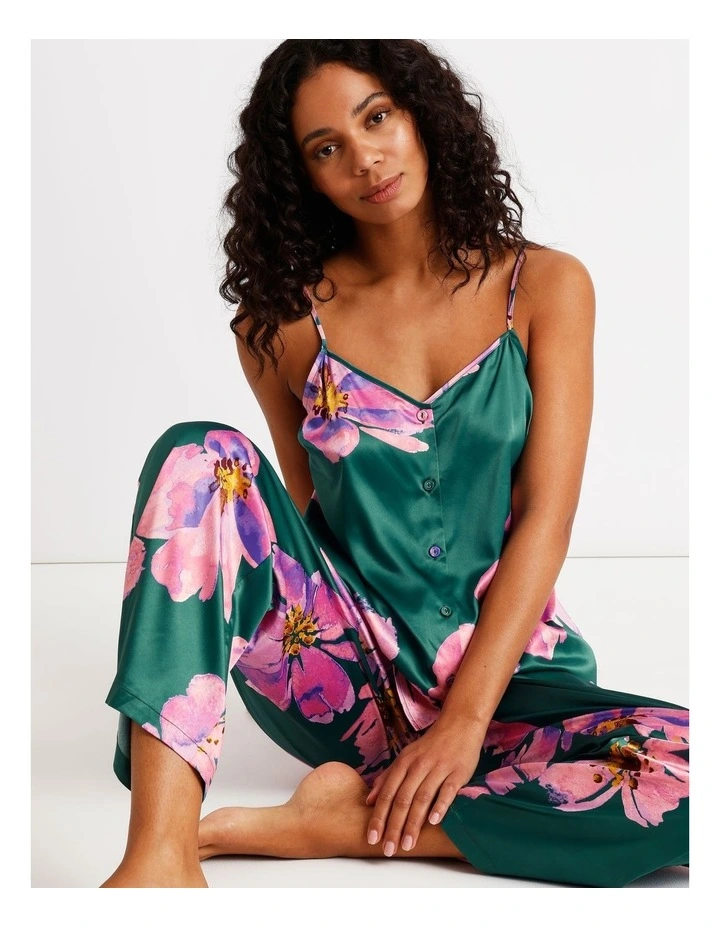 Luxe Satin Cami Pant PJ Set in Teal Floral Print image 2