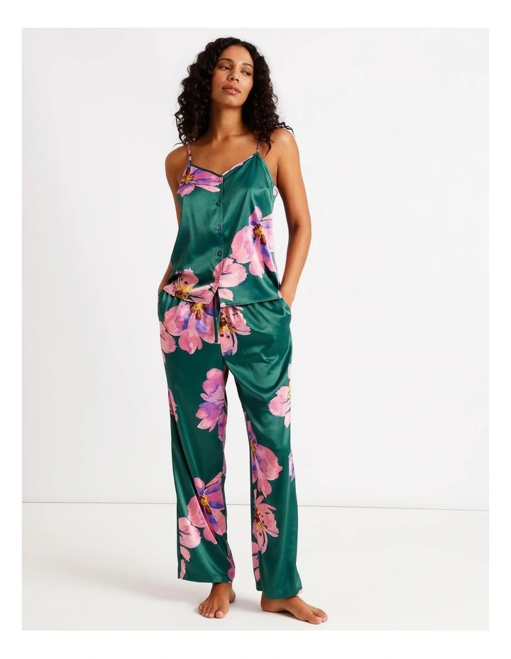 Luxe Satin Cami Pant PJ Set in Teal Floral Print image 3