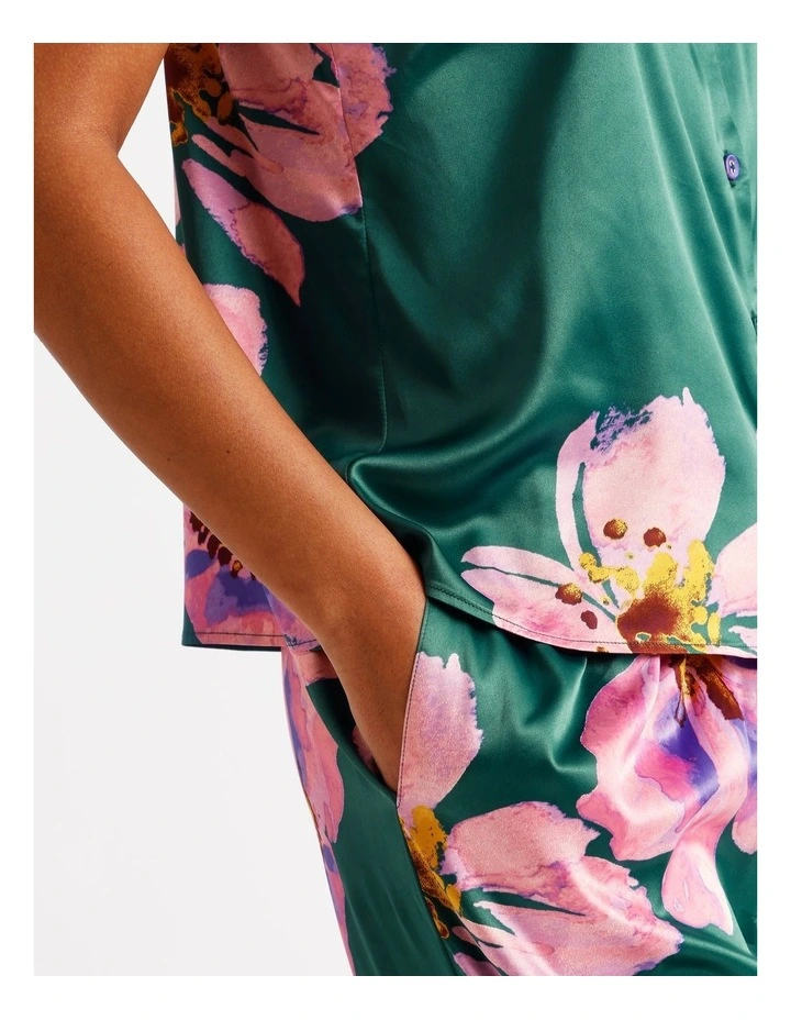 Luxe Satin Cami Pant PJ Set in Teal Floral Print image 4