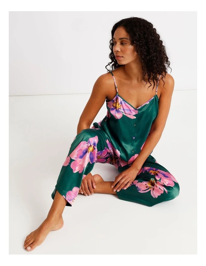 Luxe Satin Cami Pant PJ Set in Teal Floral Print image 5