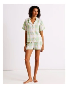 Divine Cheesecloth Short Sleeve PJ Set in Pistachio Check Y/D Print
