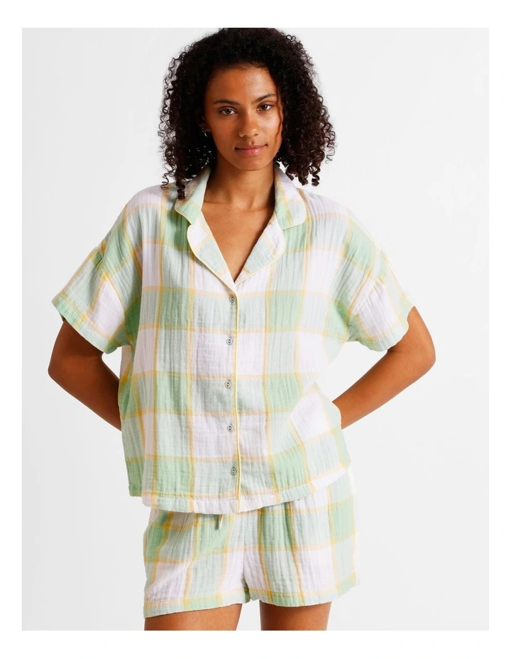 Divine Cheesecloth Short Sleeve PJ Set in Pistachio Check image 2