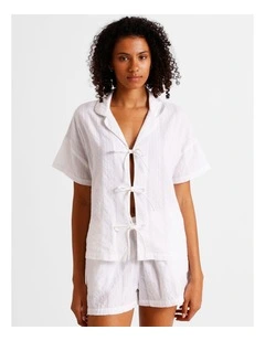 Divine Seersucker Tie Short Sleeve PJ Set in White