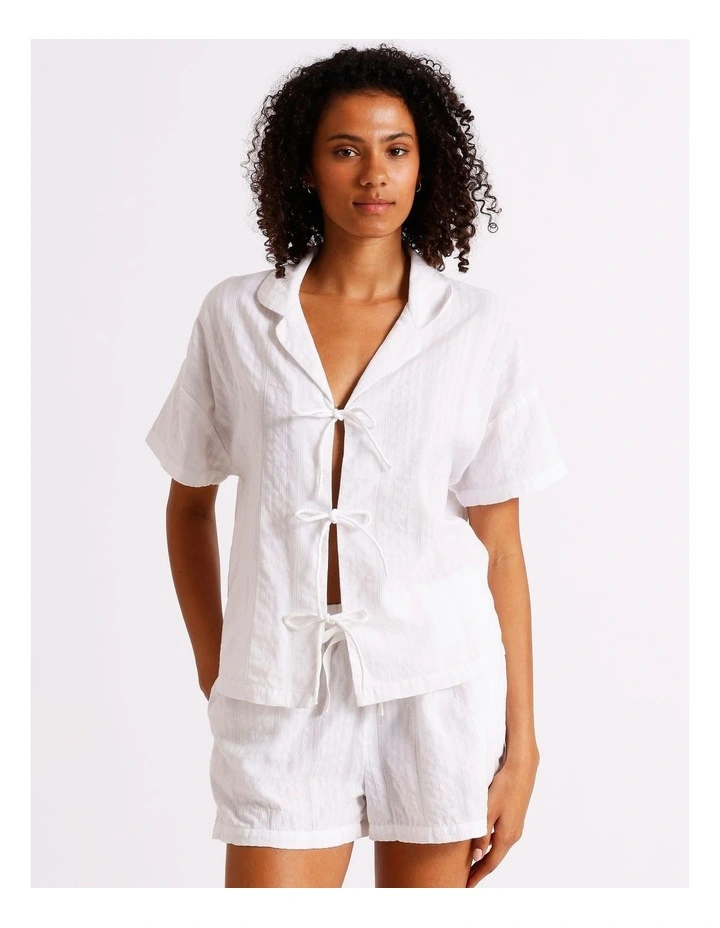 Divine Seersucker Tie Short Sleeve PJ Set in White image 3