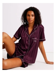 Luxe Satin Jacquard Short Sleeve Short PJ Set in Plum Jacquard Stripe