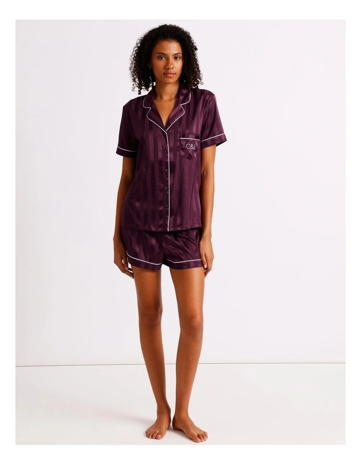 Luxe Satin Jacquard Short Sleeve Short PJ Set in Plum Jacquard Stripe image 2
