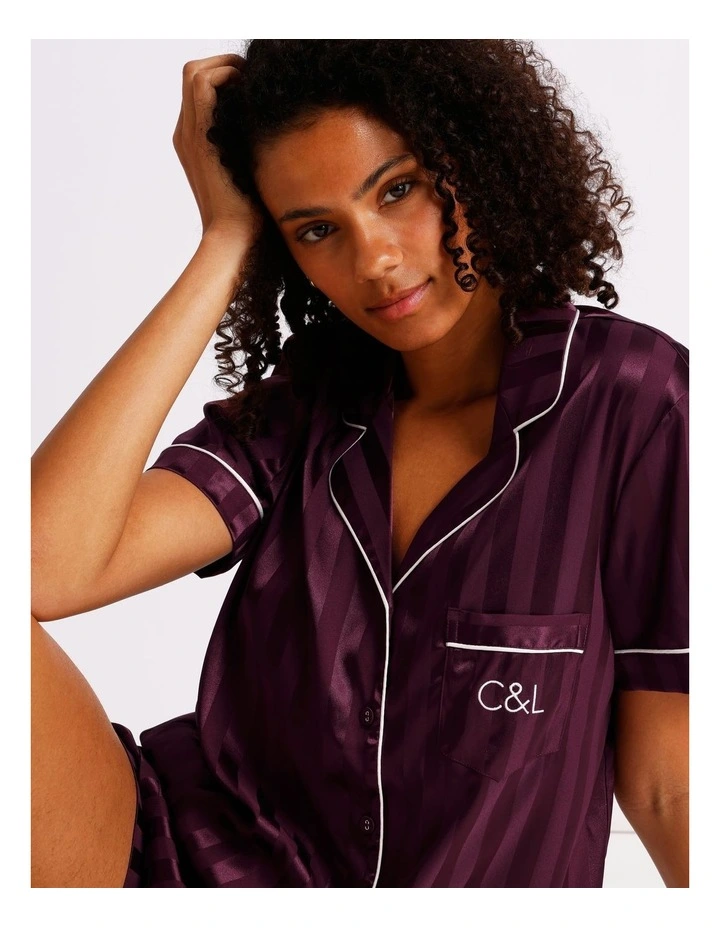 Luxe Satin Jacquard Short Sleeve Short PJ Set in Plum Jacquard Stripe image 3