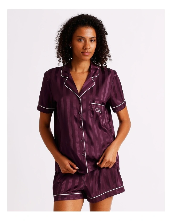 Luxe Satin Jacquard Short Sleeve Short PJ Set in Plum Jacquard Stripe image 4
