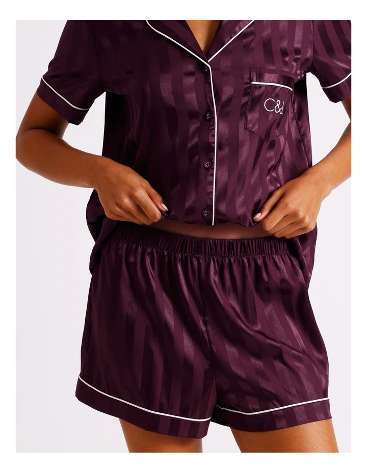 Luxe Satin Jacquard Short Sleeve Short PJ Set in Plum Jacquard Stripe image 5