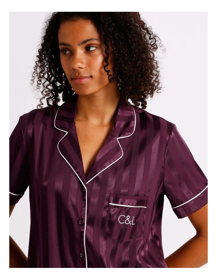 Luxe Satin Jacquard Short Sleeve Short PJ Set in Plum Jacquard Stripe image 7