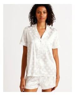 Luxe Satin Jacquard Short Sleeve Short PJ Set in Ivory Jacquard Spot