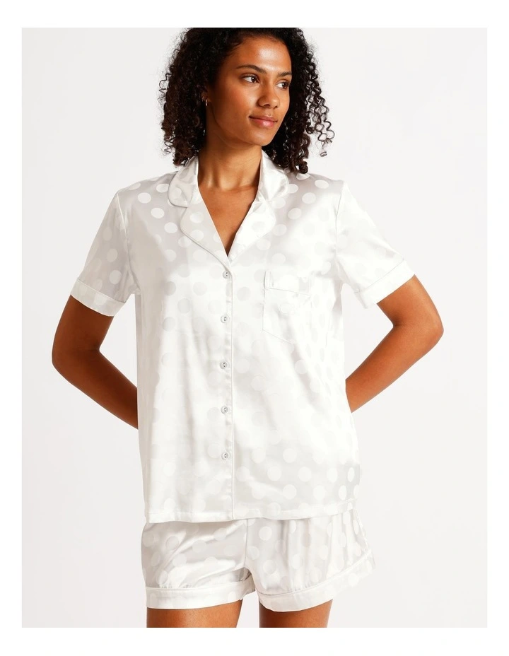 Luxe Satin Jacquard Short Sleeve Short PJ Set in Ivory Jacquard Spot image 3