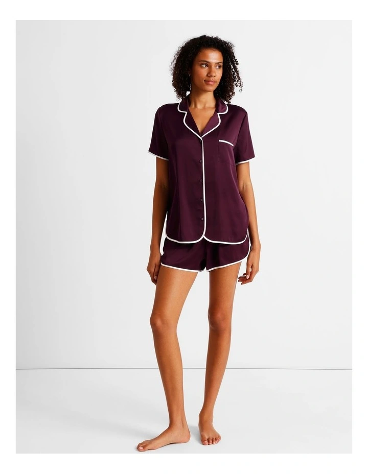 Luxe Satin Binding Short Sleeve Short PJ Set in Plum image 1