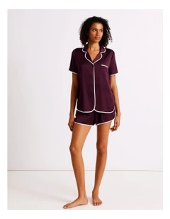 Luxe Satin Binding Short Sleeve Short PJ Set in Plum