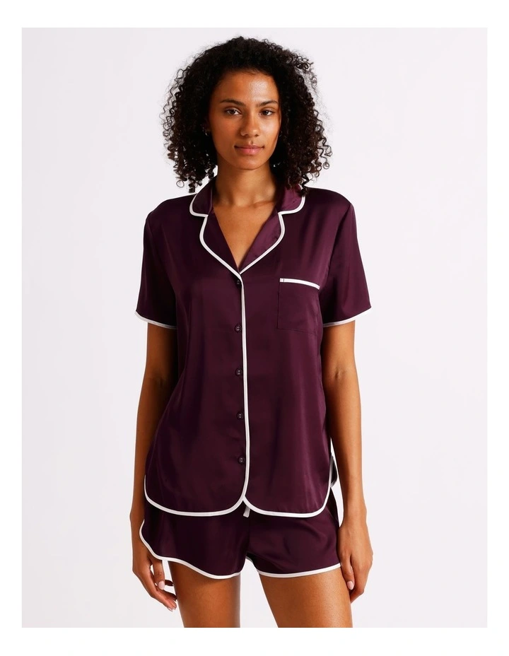 Luxe Satin Binding Short Sleeve Short PJ Set in Plum image 2