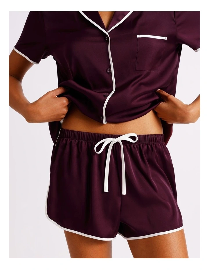 Luxe Satin Binding Short Sleeve Short PJ Set in Plum image 4
