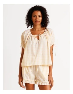 Divine Puff Sleeve Short PJ Set in Apricot Gingham Y/D Print