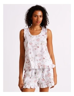 Serene Woven Frill Tank Boxer Set in White Paisley Print