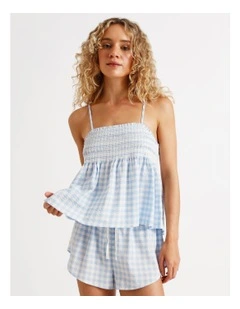 Woven Shirred Cami Boxer Set in Blue Gingham Print