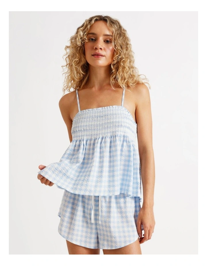 Woven Shirred Cami Boxer Set in Blue Gingham Print image 1