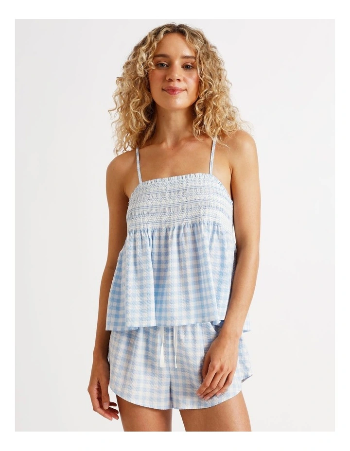 Woven Shirred Cami Boxer Set in Blue Gingham Print image 4