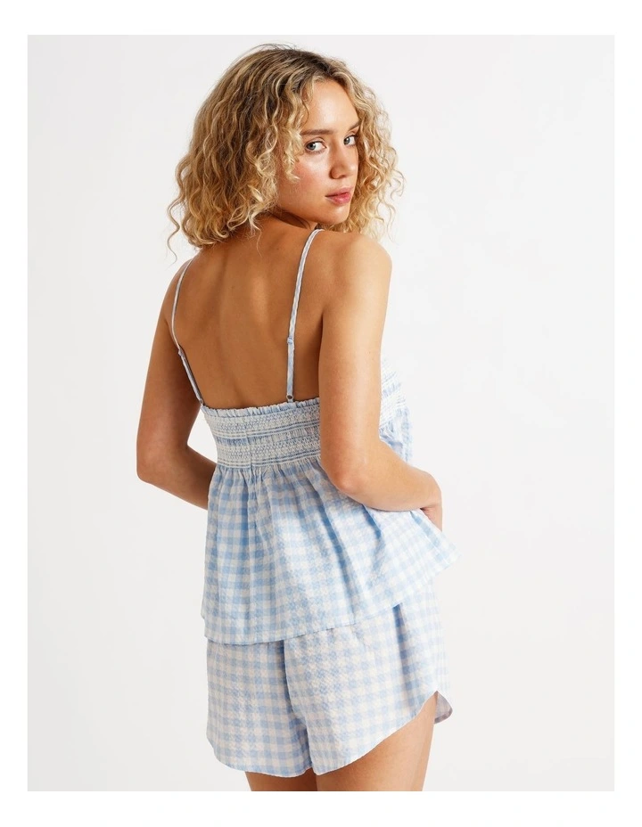 Woven Shirred Cami Boxer Set in Blue Gingham Print image 6