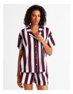 Serene Woven Relaxed Short Sleeve PJ Set in Plum Wide Stripe Print