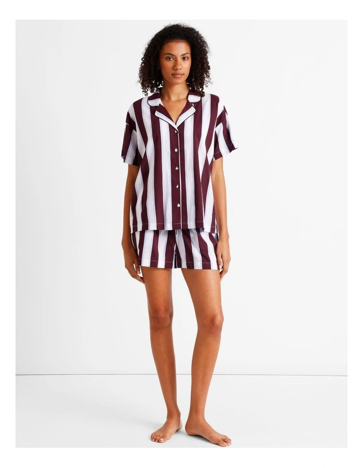 Serene Woven Relaxed Short Sleeve PJ Set in Plum Wide Stripe Print image 2