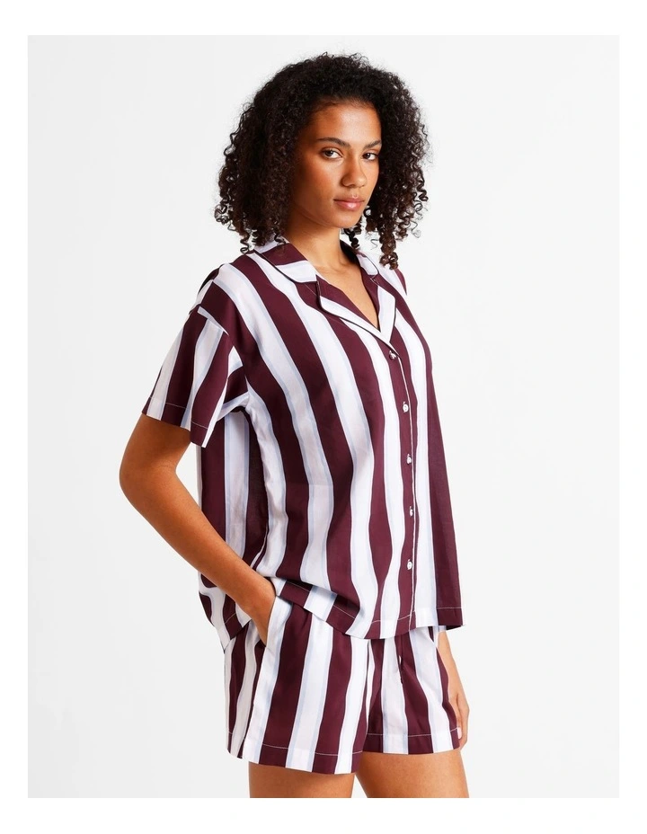 Serene Woven Relaxed Short Sleeve PJ Set in Plum Wide Stripe Print image 4