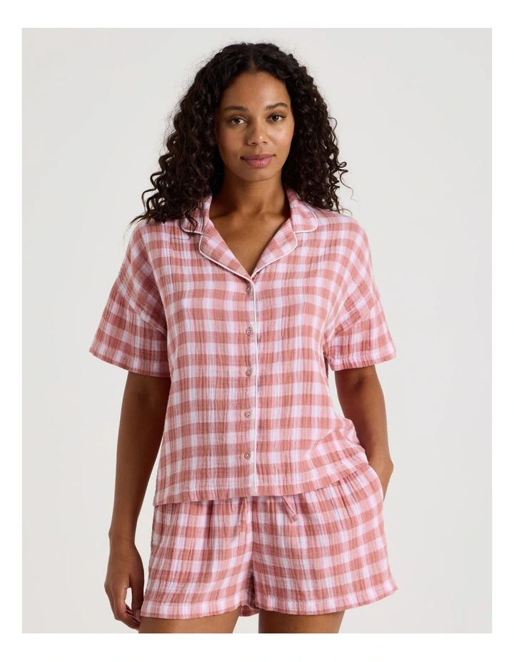 Divine Cheesecloth Short Sleeve PJ Set in Terracotta Check Y/D Print image 2
