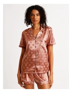 Luxe Satin Jacquard Short Sleeve Short PJ Set in Terracotta Jacquard Spot