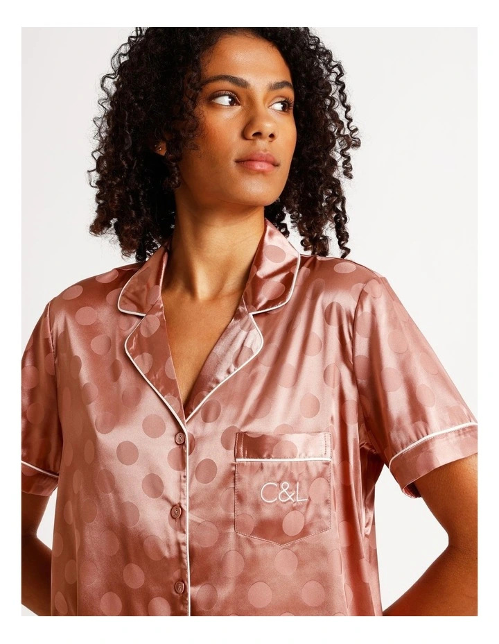 Luxe Satin Jacquard Short Sleeve Short PJ Set in Terracotta Jacquard Spot image 2