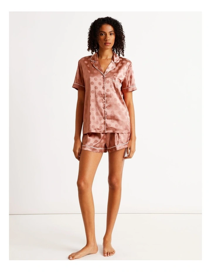 Luxe Satin Jacquard Short Sleeve Short PJ Set in Terracotta Jacquard Spot image 3