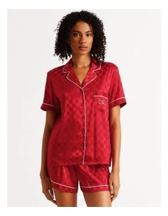 Luxe Satin Jacquard Short Sleeve Short PJ Set in Chilli Red Jacquard Check
