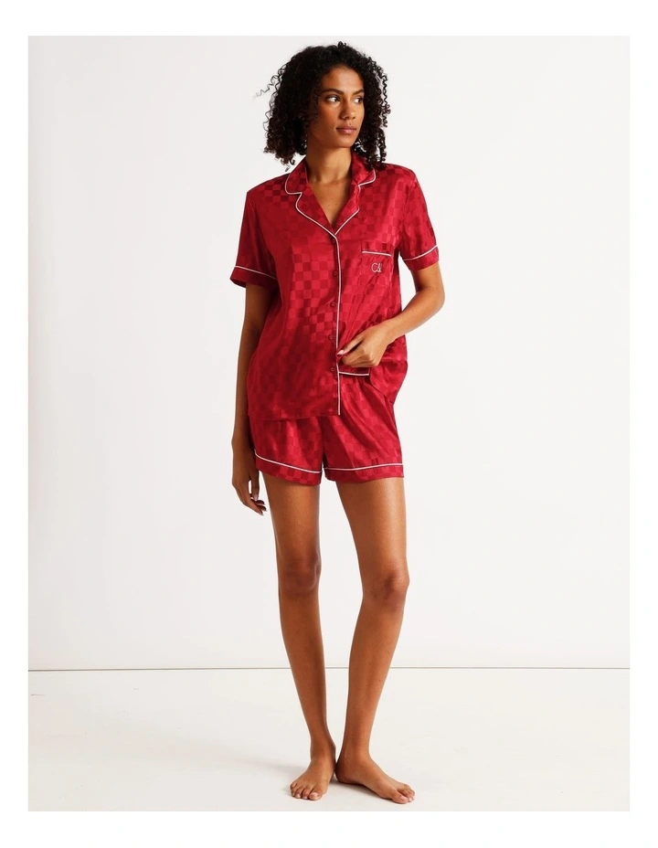 Luxe Satin Jacquard Short Sleeve Short PJ Set in Chilli Red Jacquard Check image 2