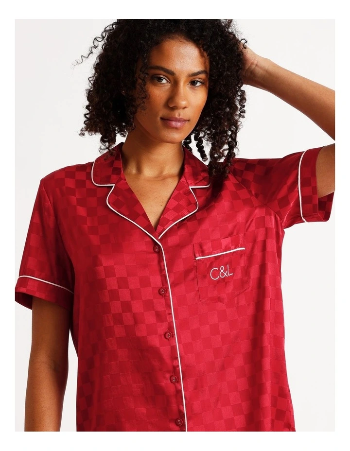 Luxe Satin Jacquard Short Sleeve Short PJ Set in Chilli Red Jacquard Check image 3