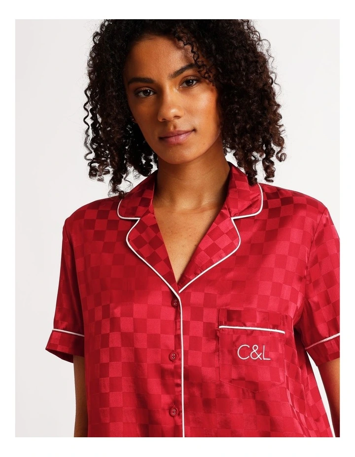 Luxe Satin Jacquard Short Sleeve Short PJ Set in Chilli Red Jacquard Check image 4