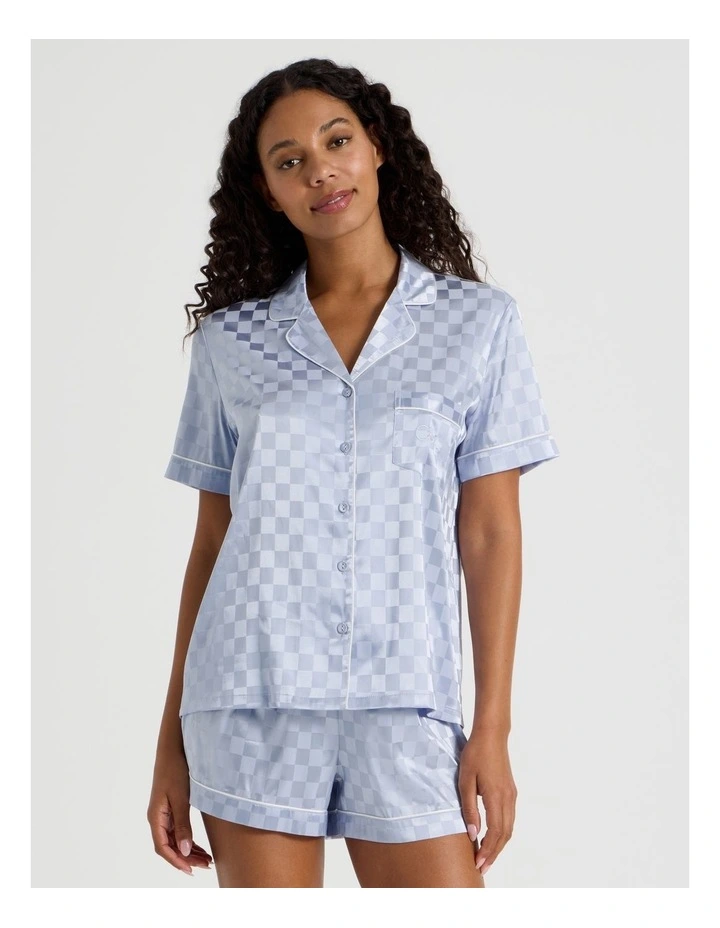 Luxe Satin Jacquard Short Sleeve Short PJ Set in Soft Blue Jacquard Check image 1