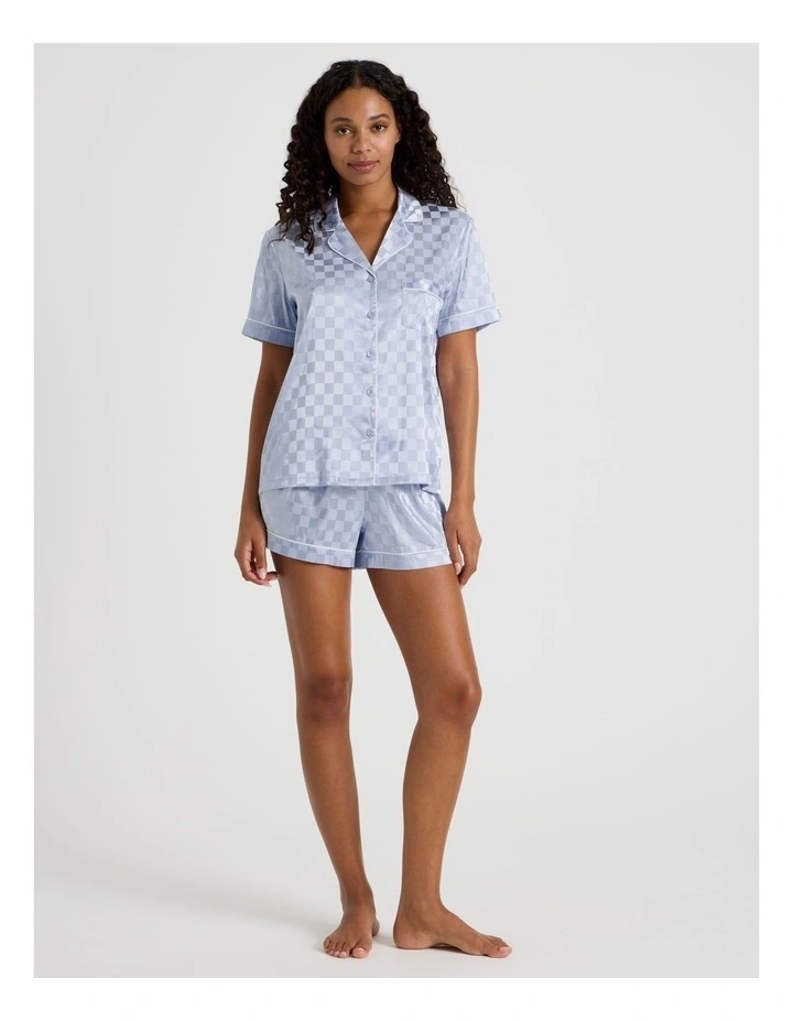 Luxe Satin Jacquard Short Sleeve Short PJ Set in Soft Blue Jacquard Check image 2