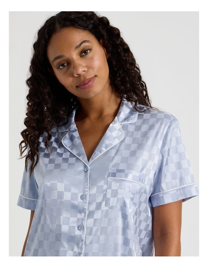 Luxe Satin Jacquard Short Sleeve Short PJ Set in Soft Blue Jacquard Check image 3