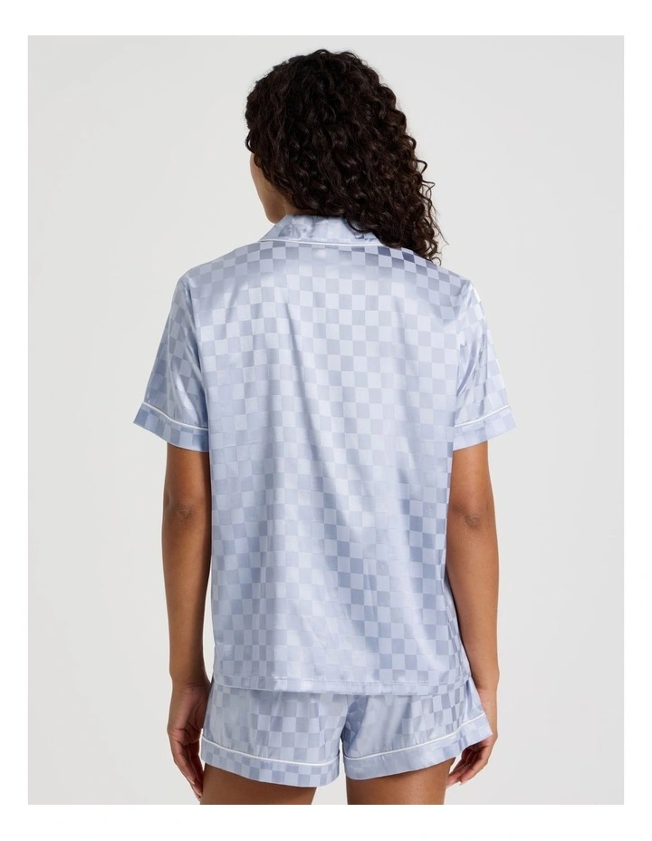 Luxe Satin Jacquard Short Sleeve Short PJ Set in Soft Blue Jacquard Check image 5