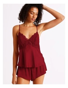 Luxe Satin Lace Bodice Cami Boxer Set in Chilli Red
