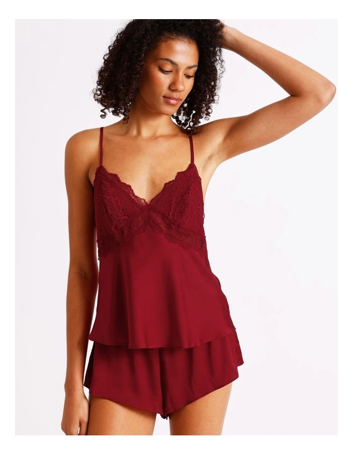 Luxe Satin Lace Bodice Cami Boxer Set in Chilli Red image 1