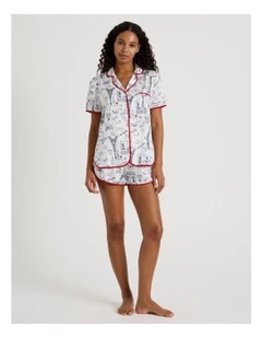 Luxe Satin Binding Short Sleeve Short PJ Set in Parisian Outline Print